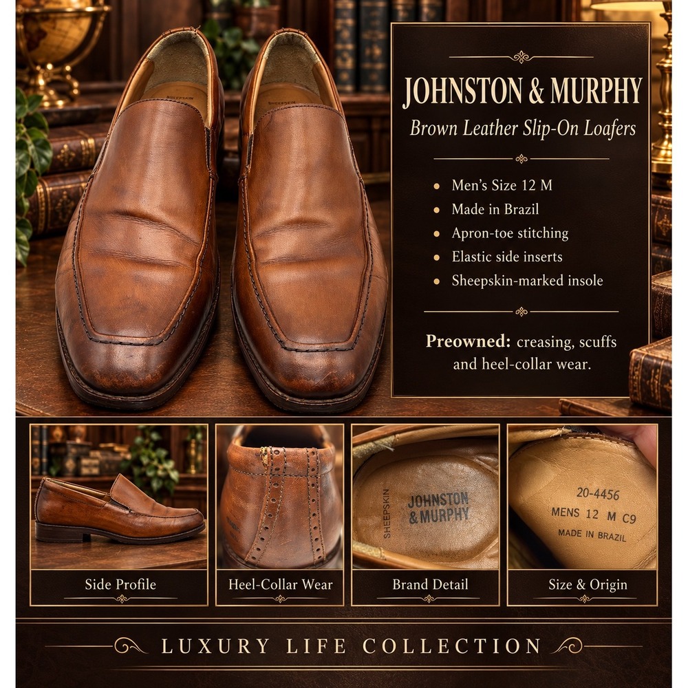Johnston & Murphy Mens Brown Leather Apron Toe Slip On Loafers 20-4456 Size 12 M